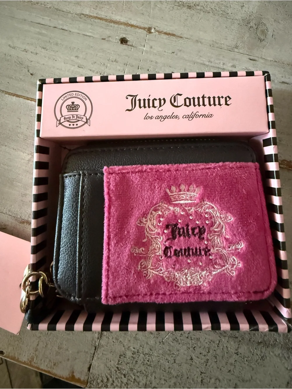 Juicy Couture Pink Velvet and Black Faux Leather Card Wallet